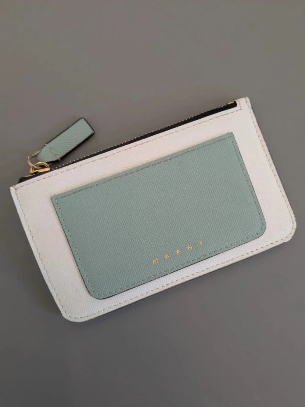 Marni Saffiano Leather Zip Card Holder White/Light Blue